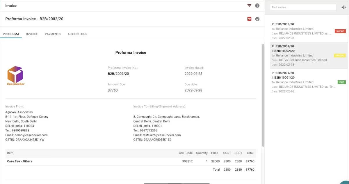 Mobile interface of the CaseDocker app