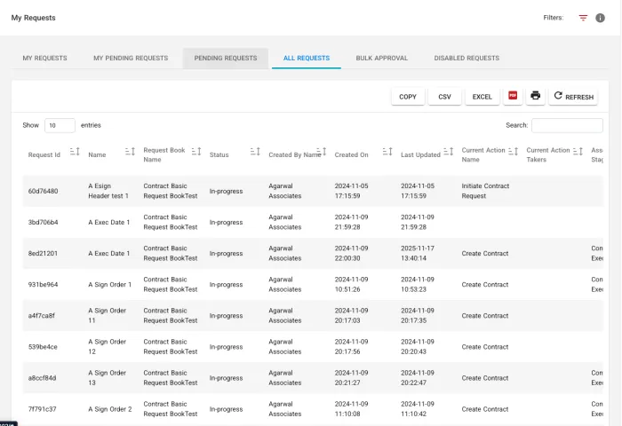 Contract requests list showing status, assignees, and actions